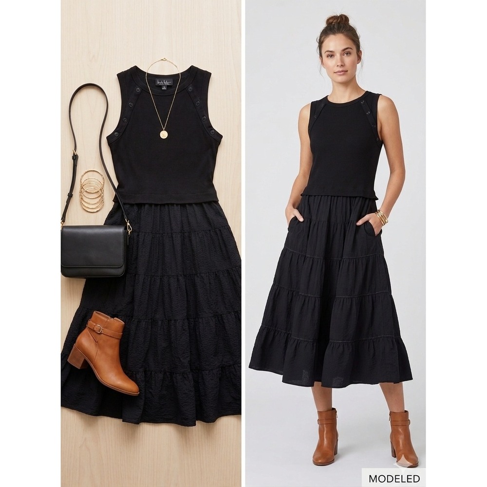 Nicole Miller New York Black Tiered Midi Dress Sleeveless Button‎ Detail Pocket